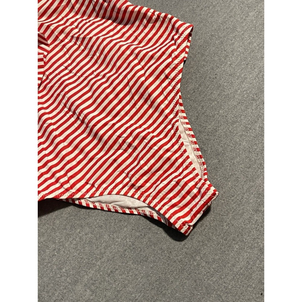 Red White Striped One Piece Swimsuit Ruffle Front Criss Cross Back Summer Swim - Picture 4 of 5